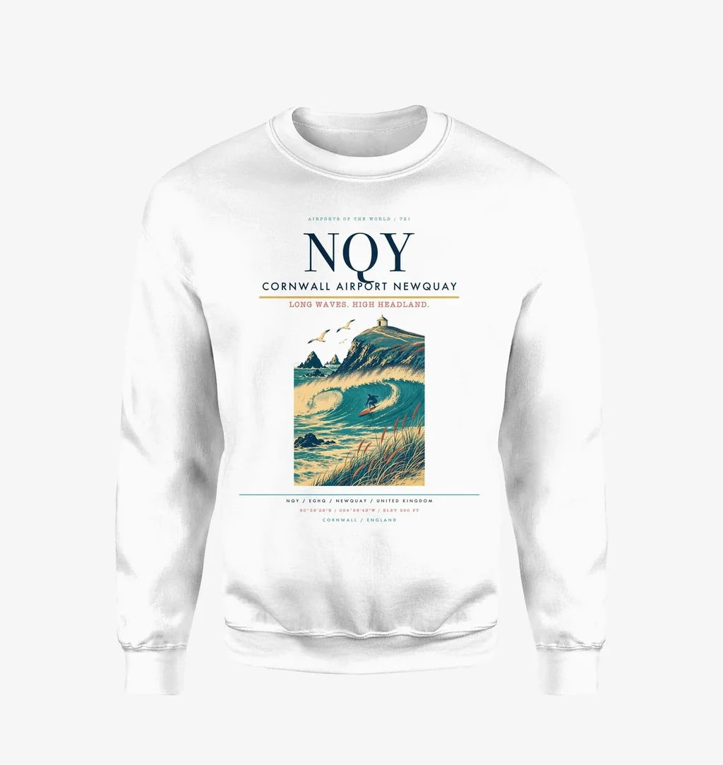 Cornwall Airport Newquay (NQY) design on white sweatshirt