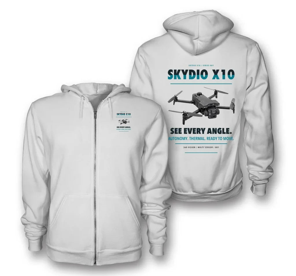 Skydio X10 design on white zipped hoodie