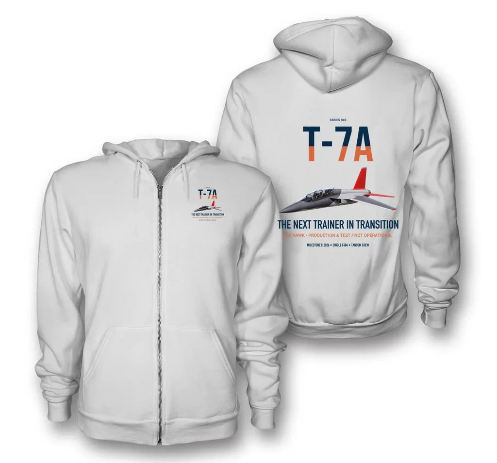T-7A Red Hawk design on white premium zipped hoodie, double-side print