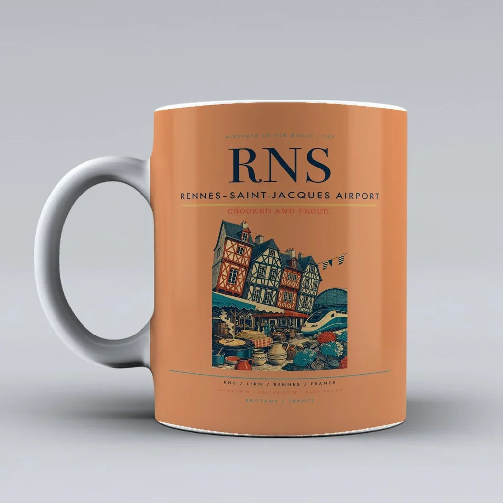 Rennes–Saint-Jacques Airport (RNS) airport code design on orange ceramic mug