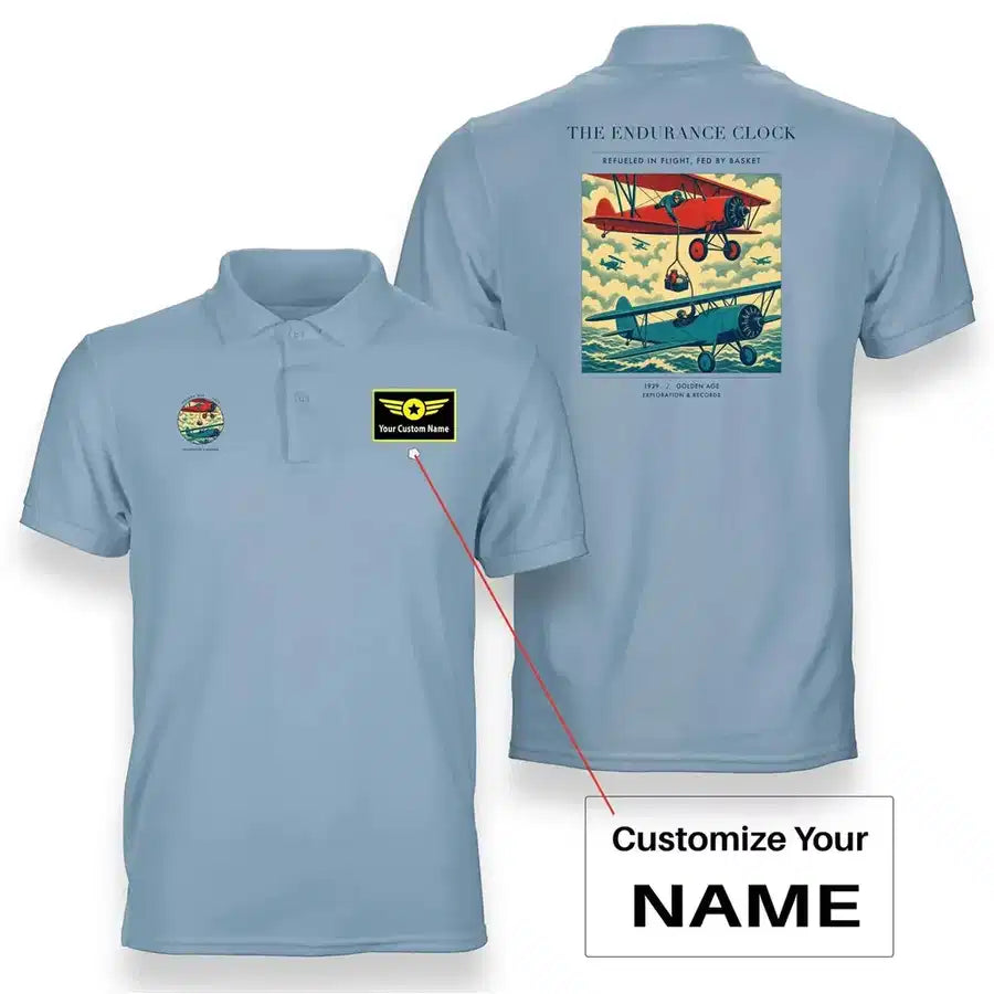 VINTAGE G4203 - The Endurance Clock - Double-Side Polo T-Shirt design on lightblue+name
