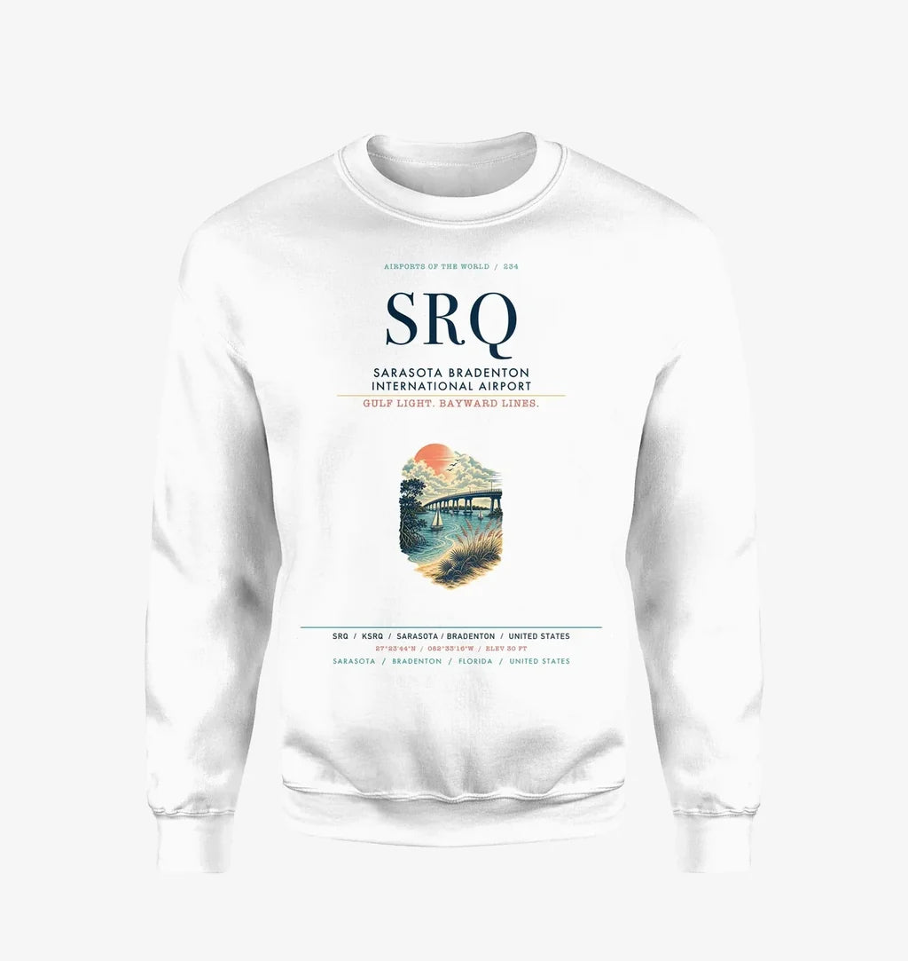 Sarasota Bradenton International Airport (SRQ) design on white sweatshirt