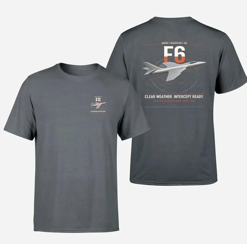 Hawker Hunter F6 design on gray t-shirt, double-side print