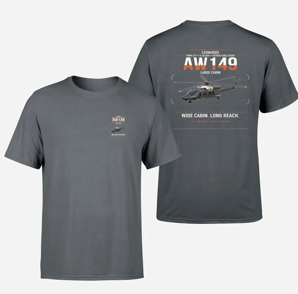 Leonardo AW149 design on gray t-shirt, double-side print