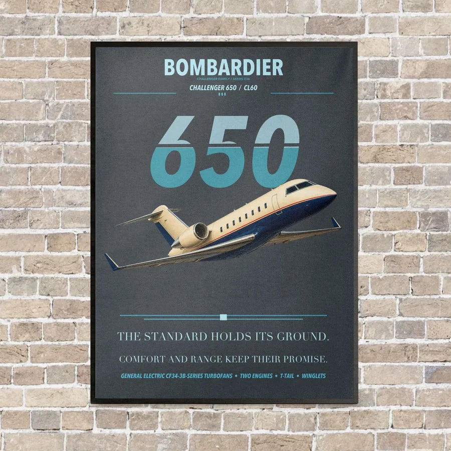 Bombardier Challenger 650 vertical canvas print - framed - gray background