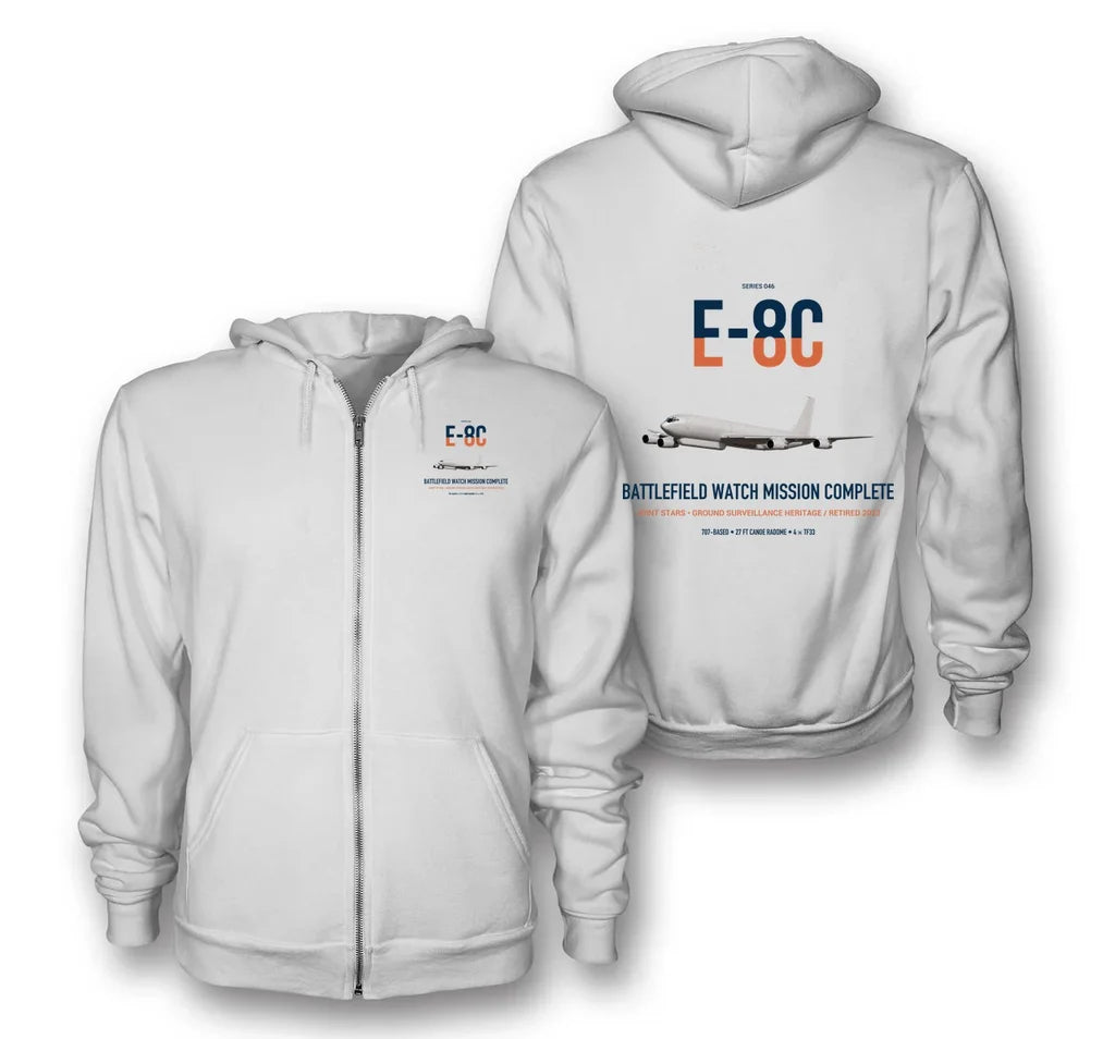 E-8C Joint STARS design on white premium zipped hoodie, double-side print