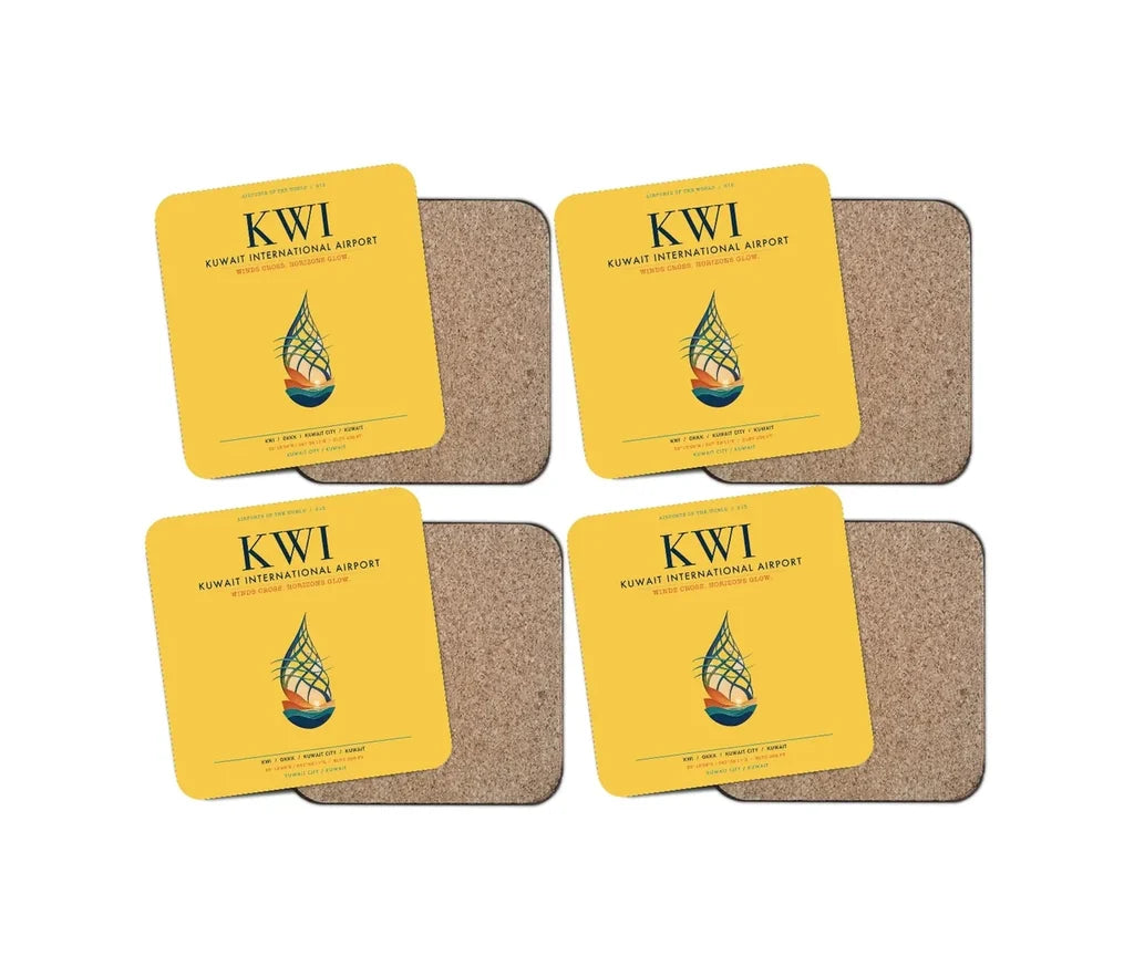 Kuwait International Airport (KWI) design on yellow 4 pieces set coaster