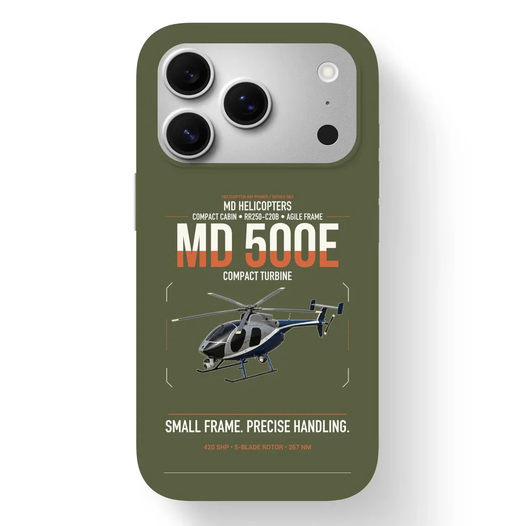 MD Helicopters MD 500E design on green army magsafe iphone case, for iPhone 17 Pro