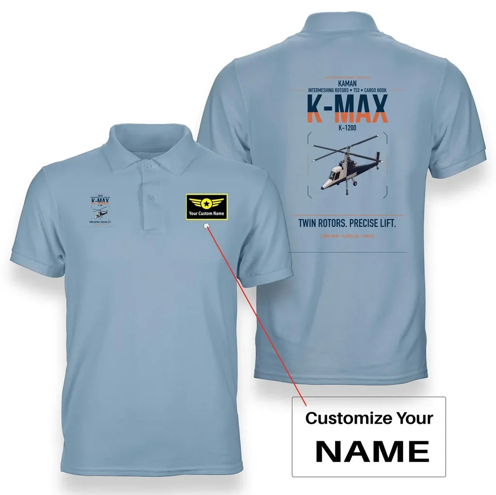 Kaman K-1200 K-MAX design on light blue+name double-side polo t-shirt, double-side print