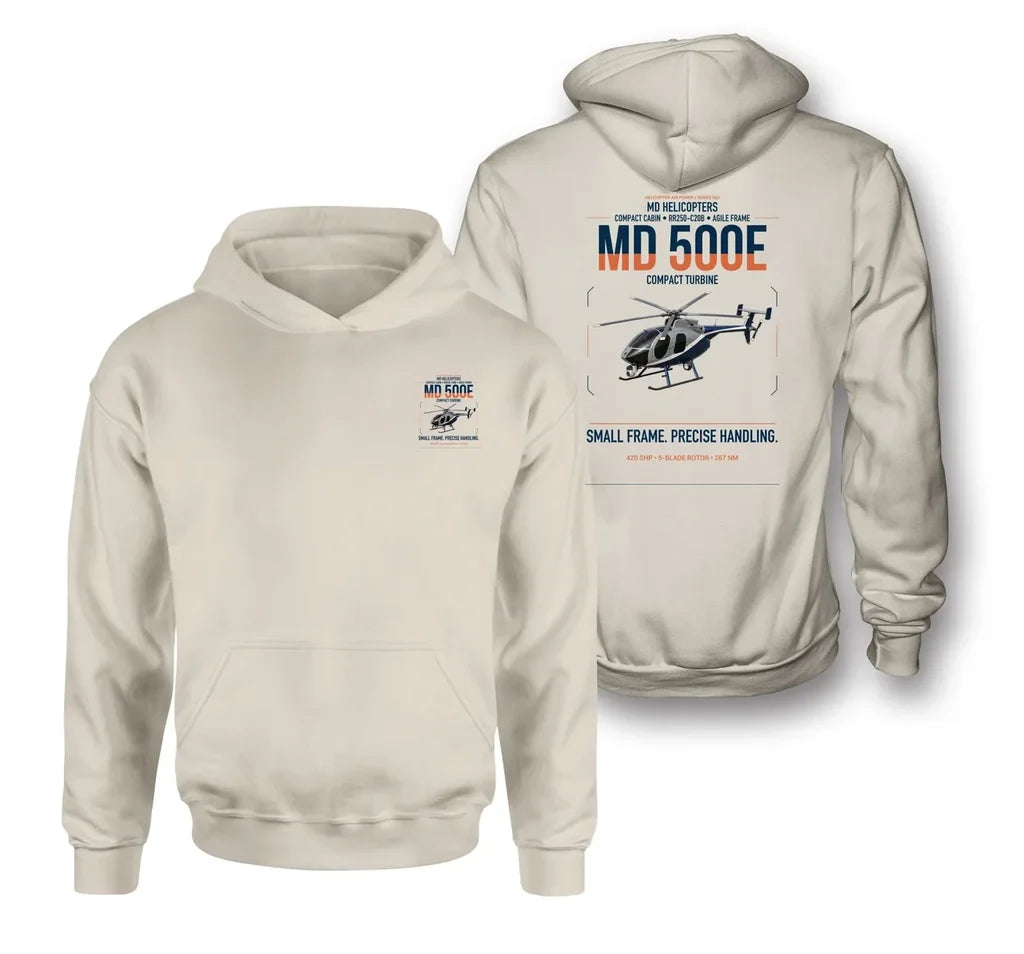 MD Helicopters MD 500E design on khaki double-side hoodie, double-side print
