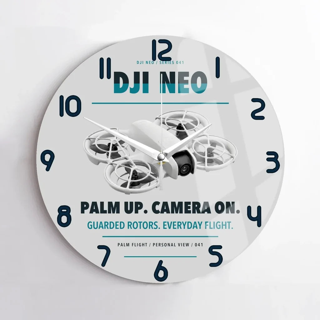 DJI Neo design on light gray no frame wall clock