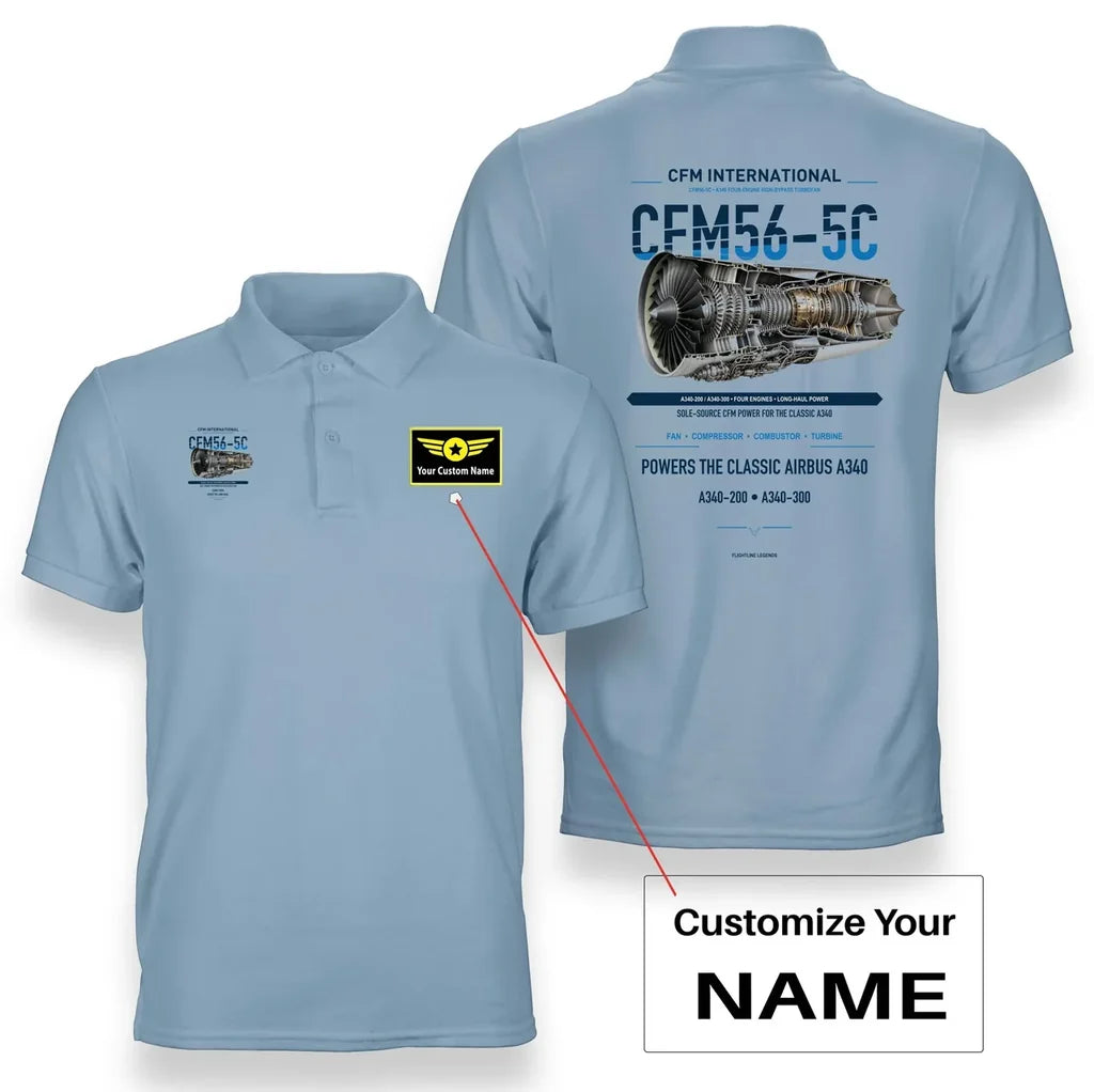 CFM56-5C design on light blue polo with custom name badge