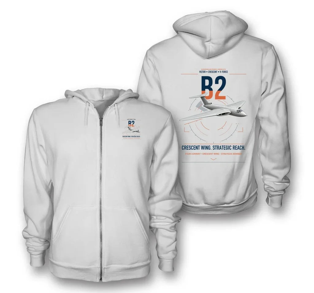 Handley Page Victor B2 design on white premium zipped hoodie, double-side print