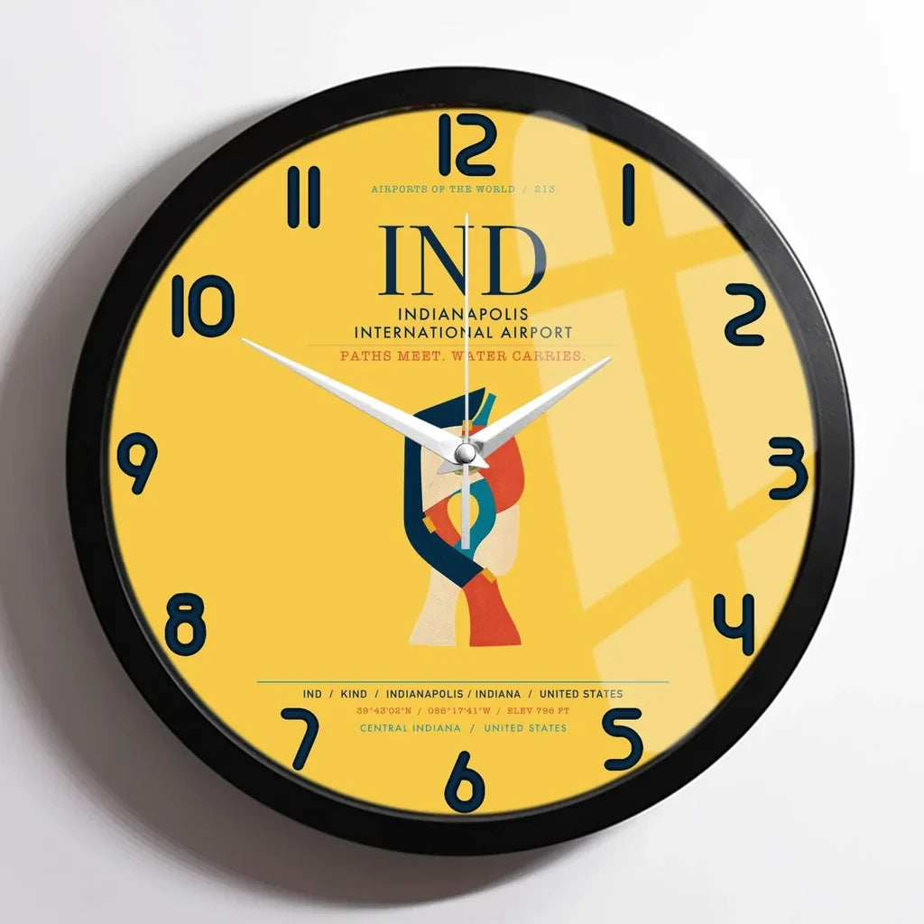 Indianapolis International Airport (IND) design on yellow framed wall clock