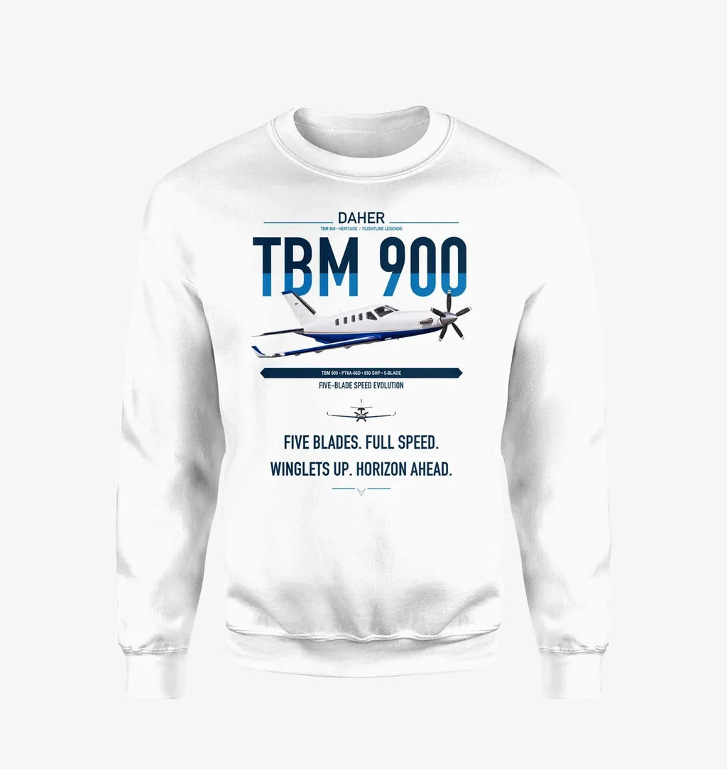 Daher TBM 900 design on white sweatshirt