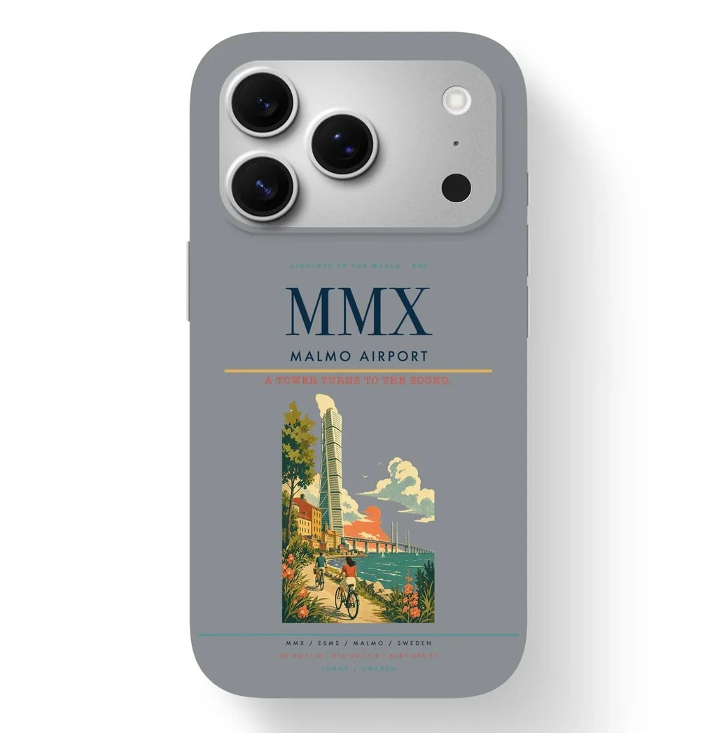 Malmo Airport (MMX) design on gray iPhone 17 Pro MagSafe case