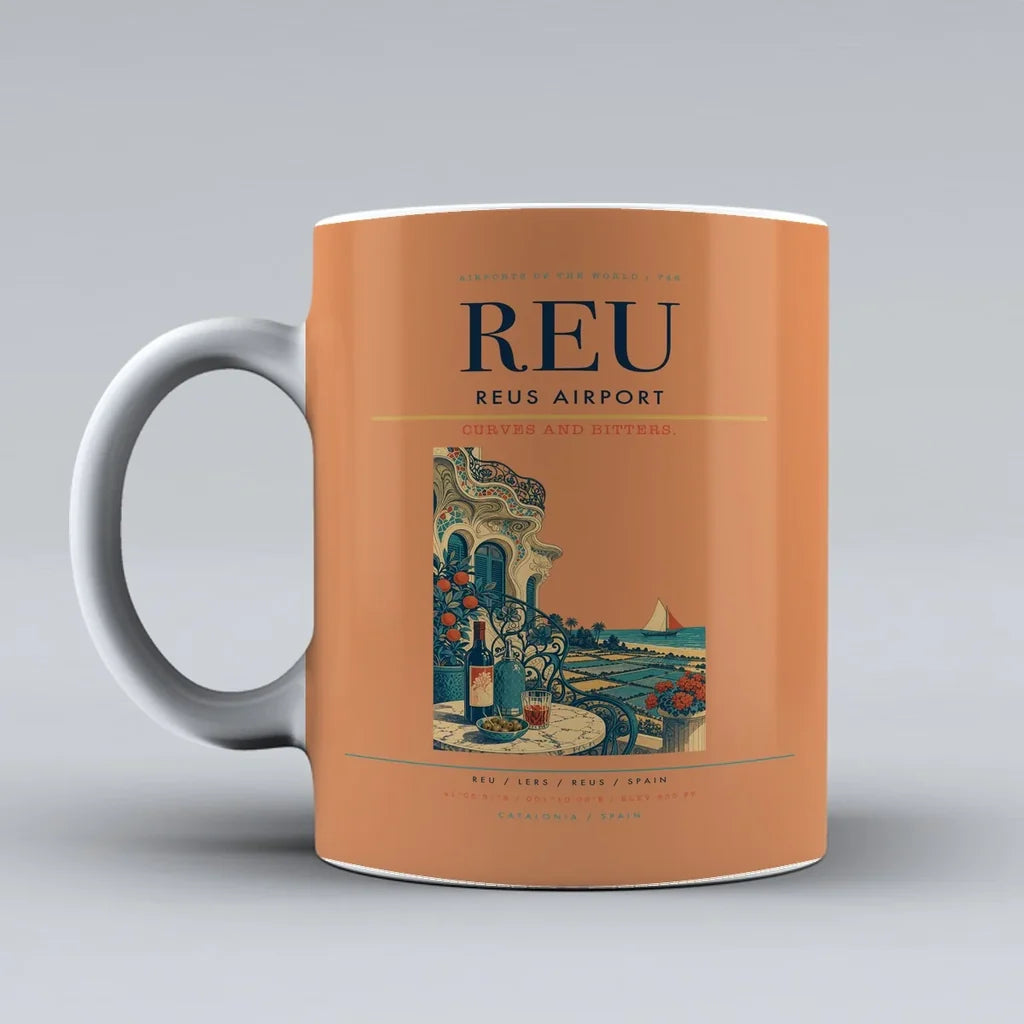 Reus Airport (REU) airport code design on orange ceramic mug