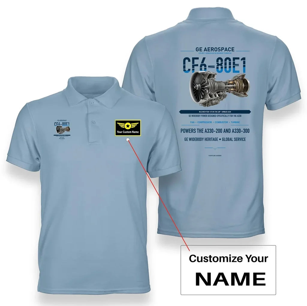 CF6-80E1 design on light blue polo with custom name badge