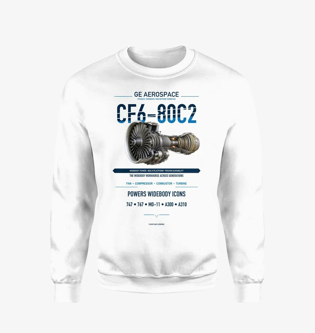 CF6-80C2 design on white sweatshirt
