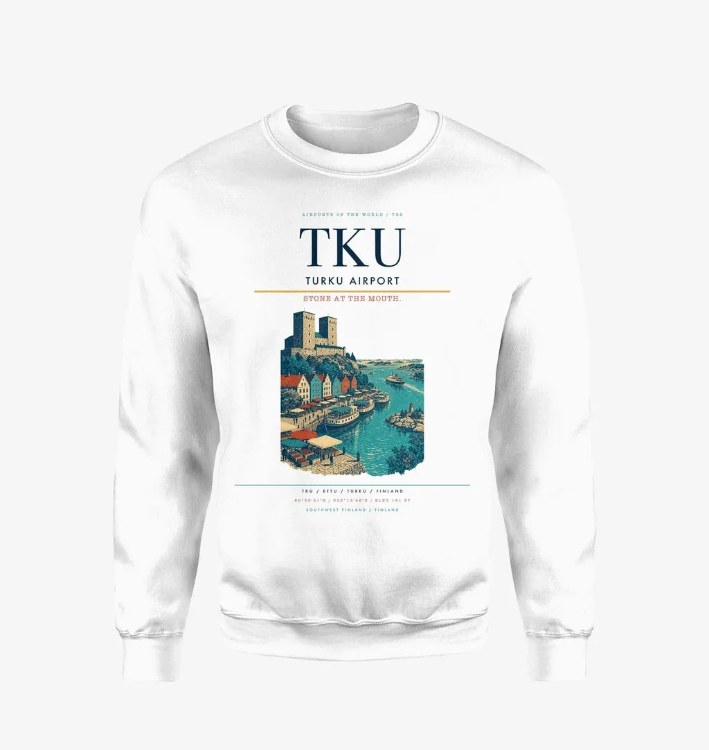 Turku Airport (TKU) design on white sweatshirt