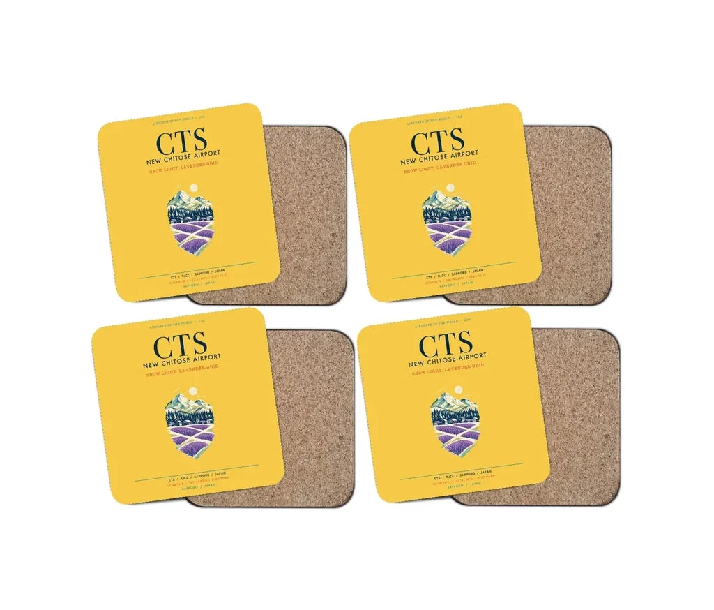 New Chitose Airport Sapporo (CTS) design on yellow 4 pieces set coaster