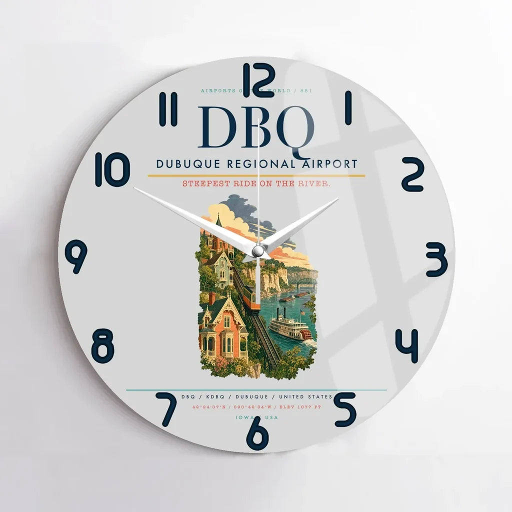 Dubuque Regional Airport (DBQ) design on light gray no frame wall clock