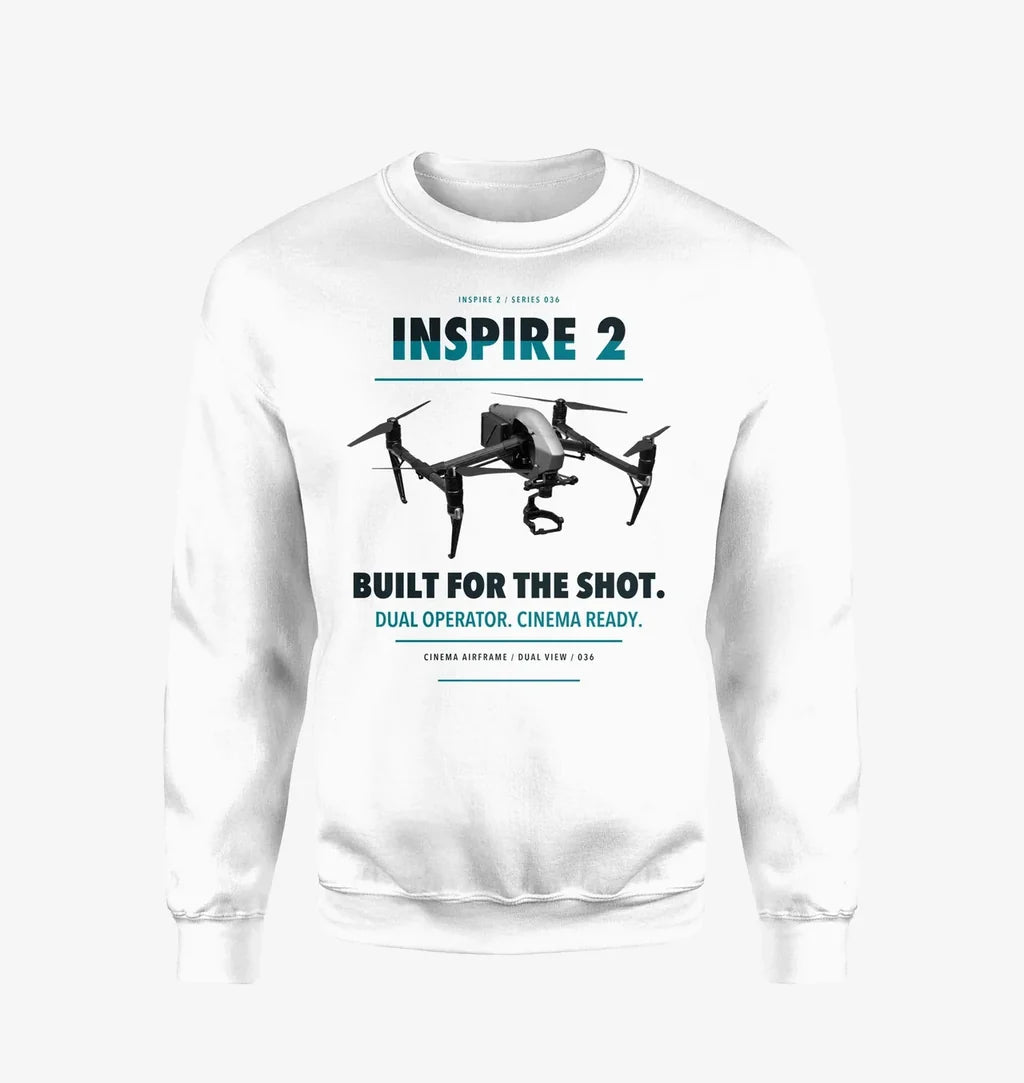 DJI Inspire 2 design on white sweatshirt