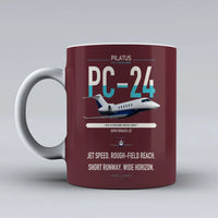 Thumbnail for Pilatus PC-24 design on dark red ceramic mug, double-side print