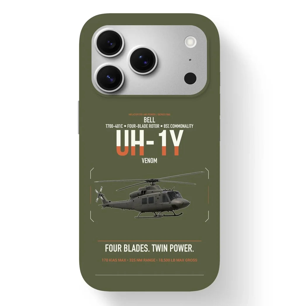 Bell UH-1Y Venom design on green army magsafe iphone case, for iPhone 17 Pro