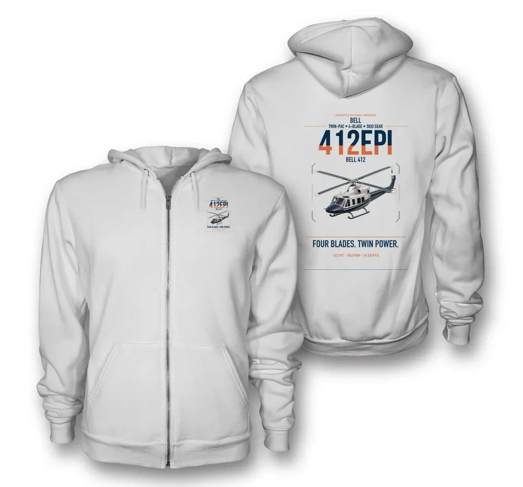 Bell 412EPI design on white premium zipped hoodie, double-side print