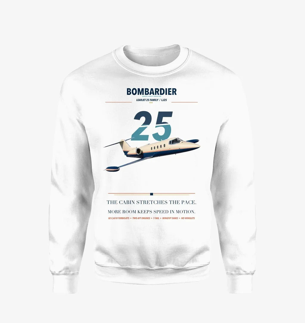 Bombardier Learjet 25 design on white sweatshirt