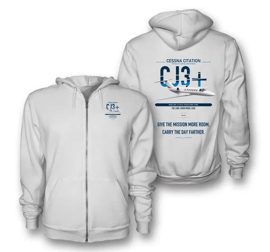 Cessna Citation CJ3+ design on white premium zipped hoodie, double-side print
