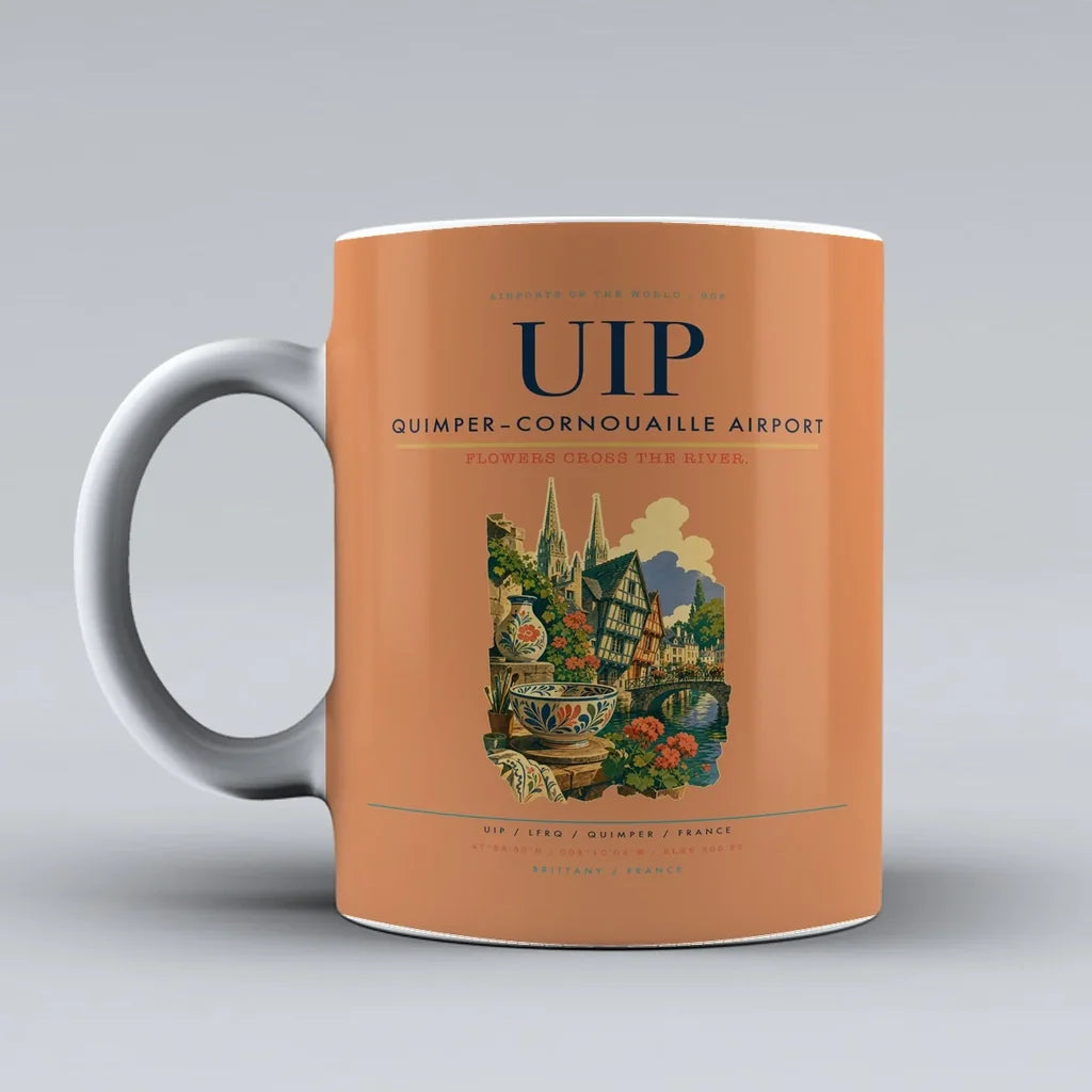 Quimper–Cornouaille Airport (UIP) airport code design on orange ceramic mug