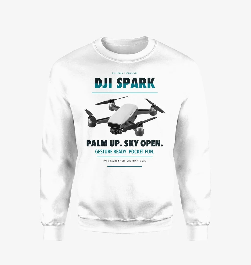 DJI Spark design on white sweatshirt