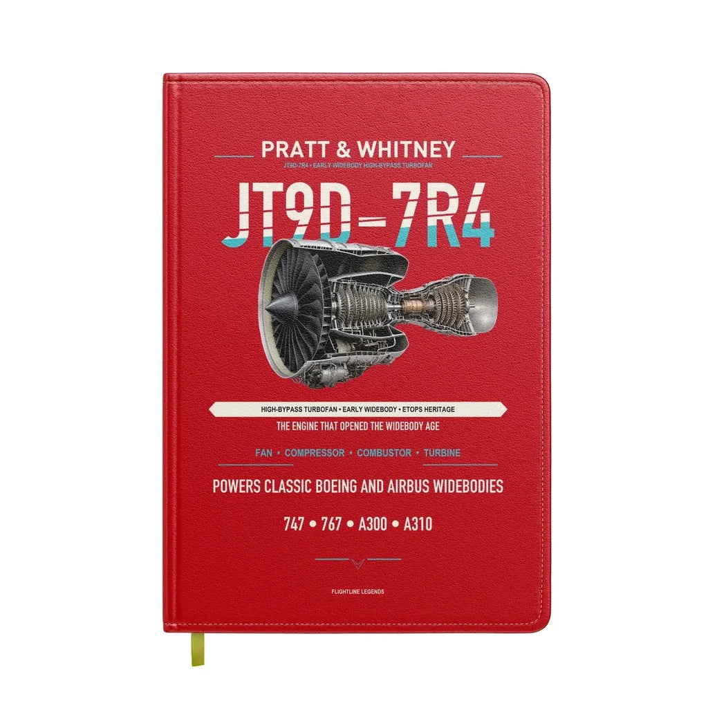 JT9D-7R4 design on red notebook