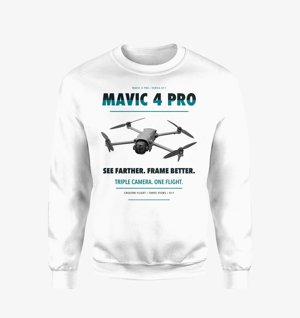 DJI Mavic 4 Pro design on white sweatshirt