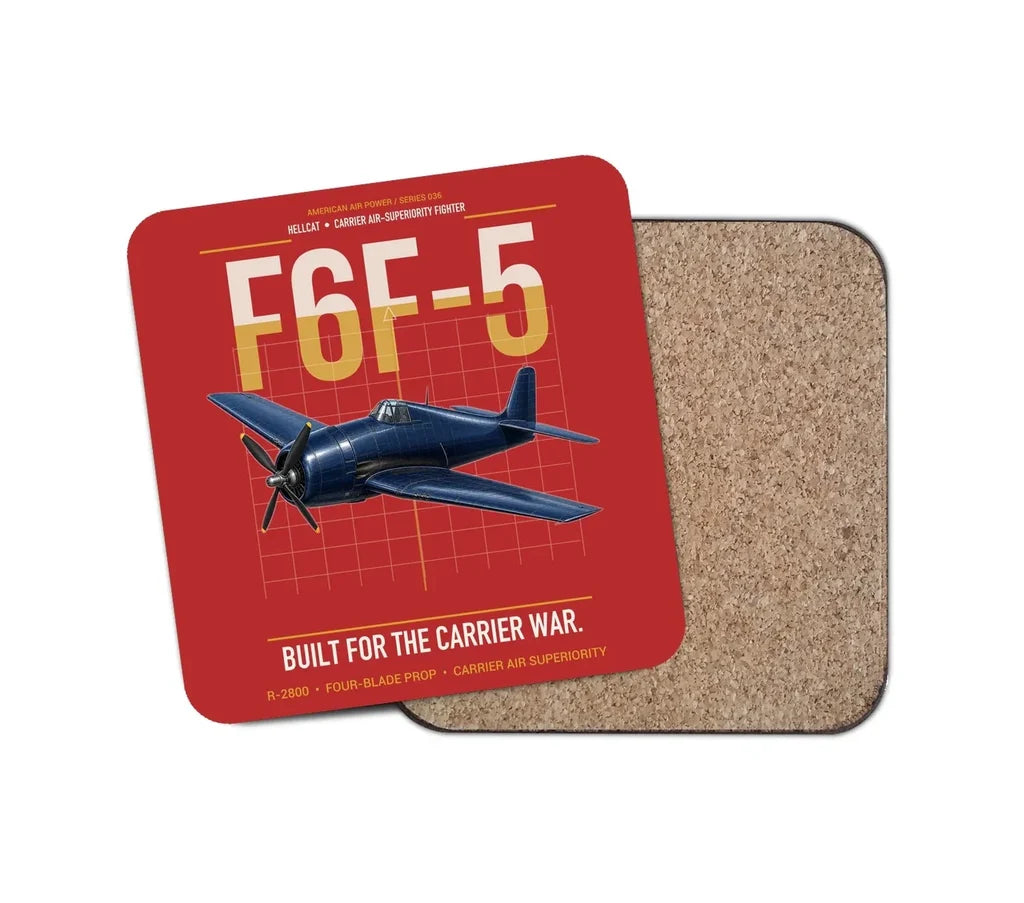 F6F-5 Hellcat design on red 1 piece coaster