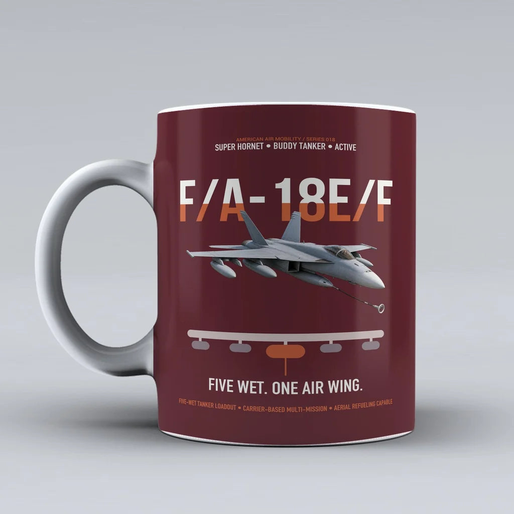 F A-18E F Buddy Tanker design on dark red ceramic mug, double-side print