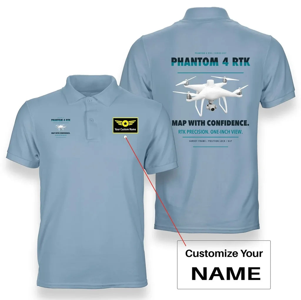 DJI Phantom 4 RTK design on light blue polo with custom name badge