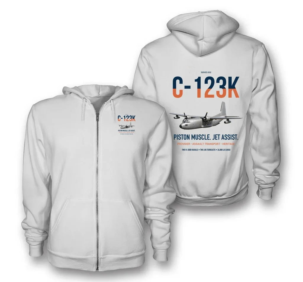 C-123K Provider design on white premium zipped hoodie, double-side print