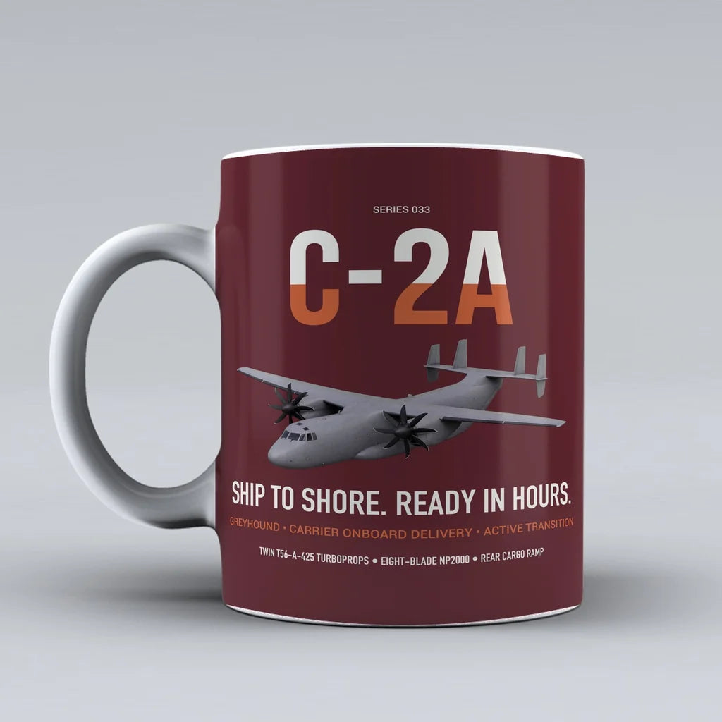 C-2A Greyhound design on dark red ceramic mug, double-side print