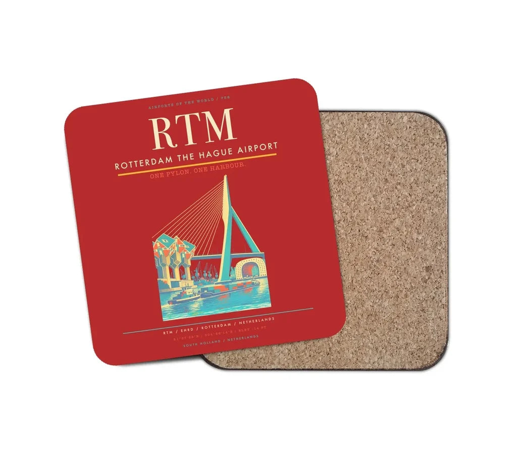 Rotterdam The Hague Airport (RTM) design on red 1 piece coaster