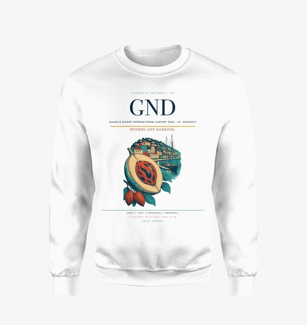 Maurice Bishop International Airport (GND) design on white sweatshirt