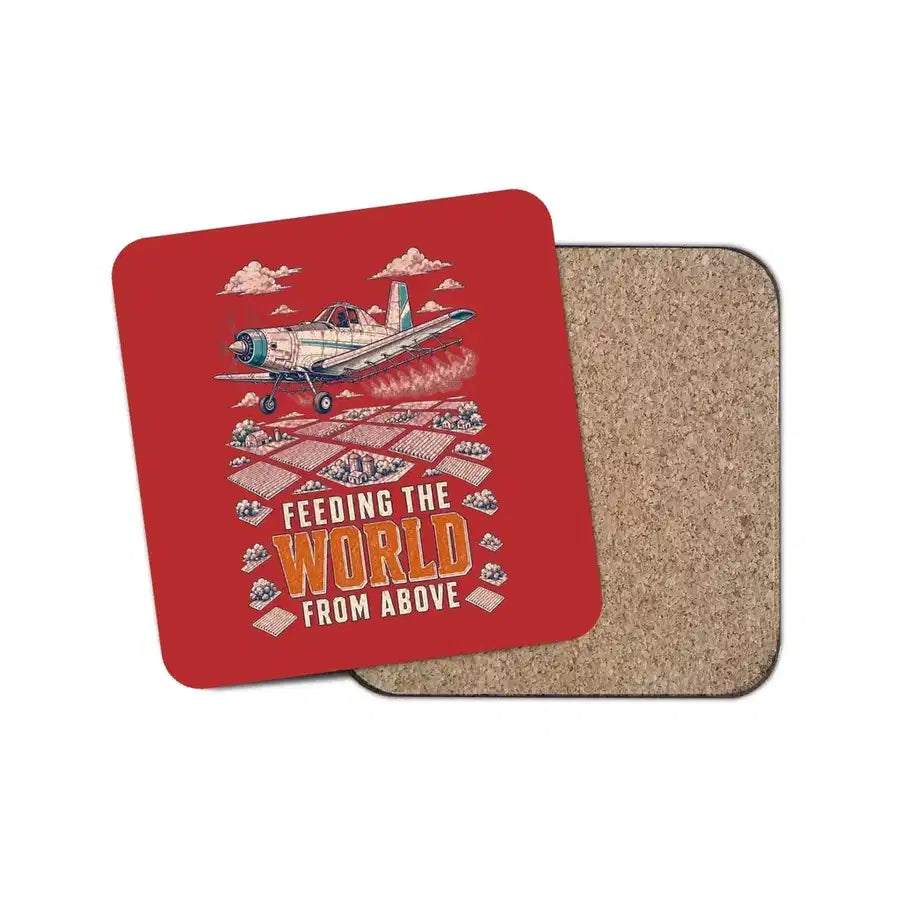 Feeding The World From Above design on red 1 piece coaster