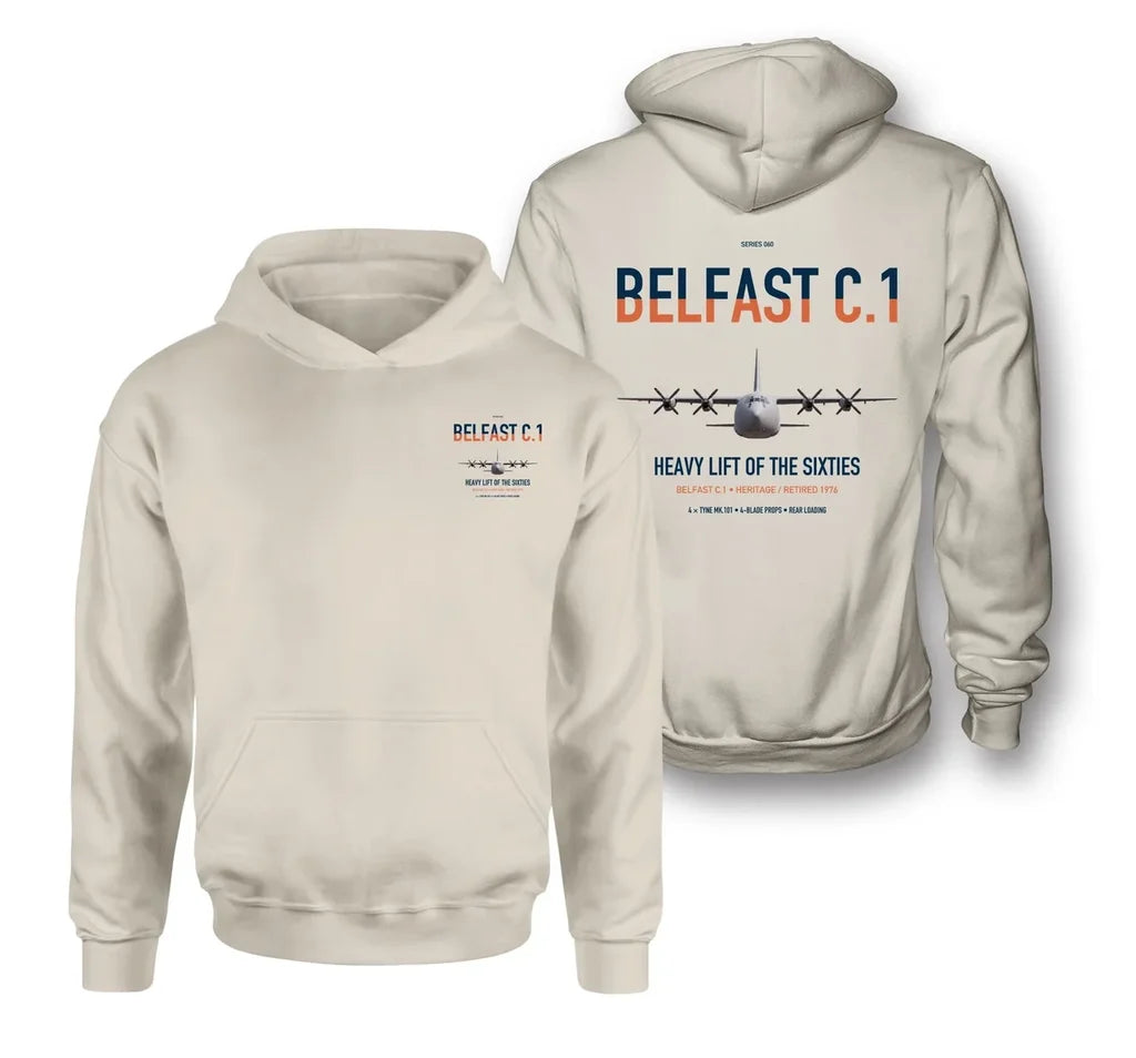 Short Belfast C.1 design on khaki double-side hoodie, double-side print