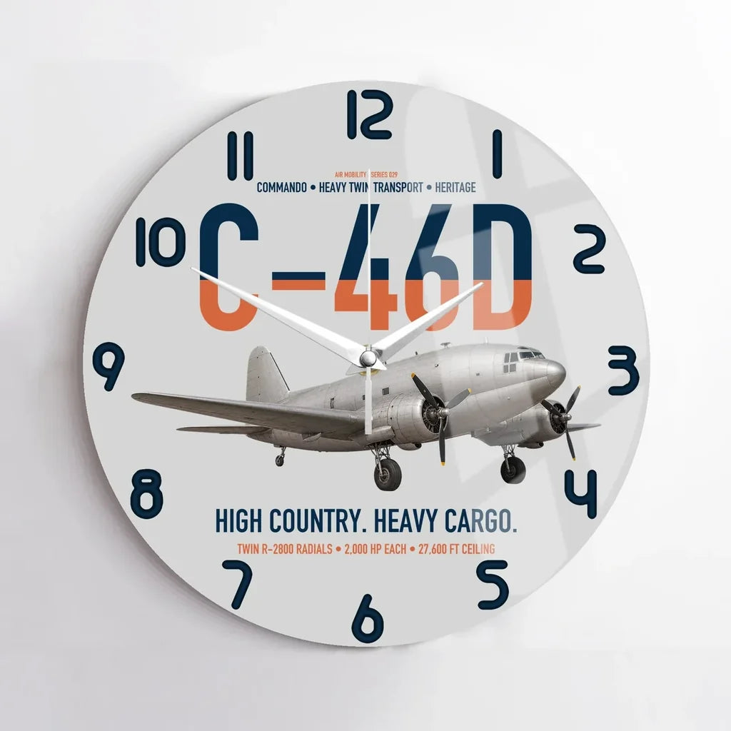 C-46D Commando design on light gray no frame wall clock