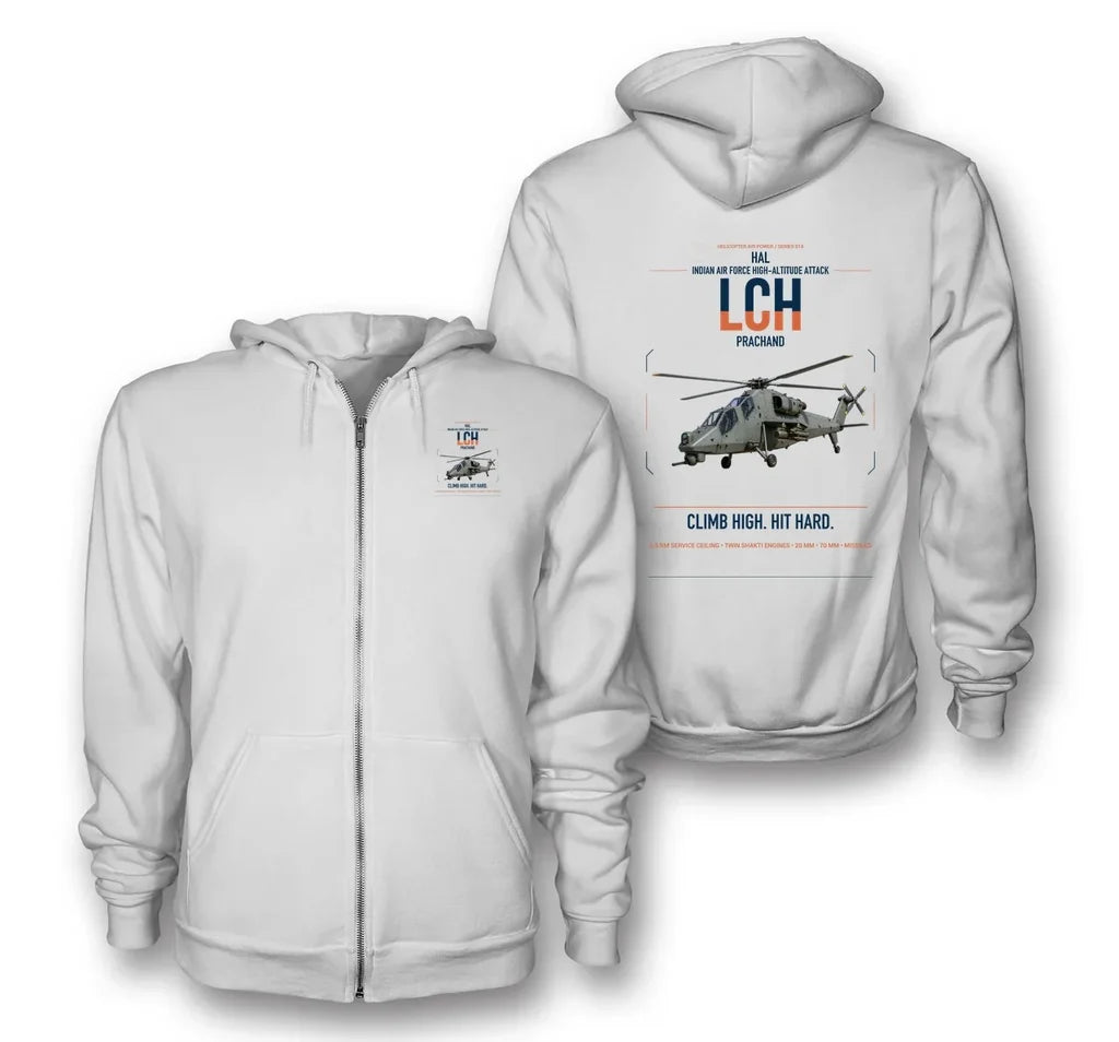 HAL LCH Prachand design on white premium zipped hoodie, double-side print