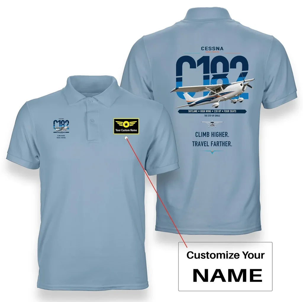 Cessna 182 Skylane design on light blue+name double-side polo t-shirt, double-side print