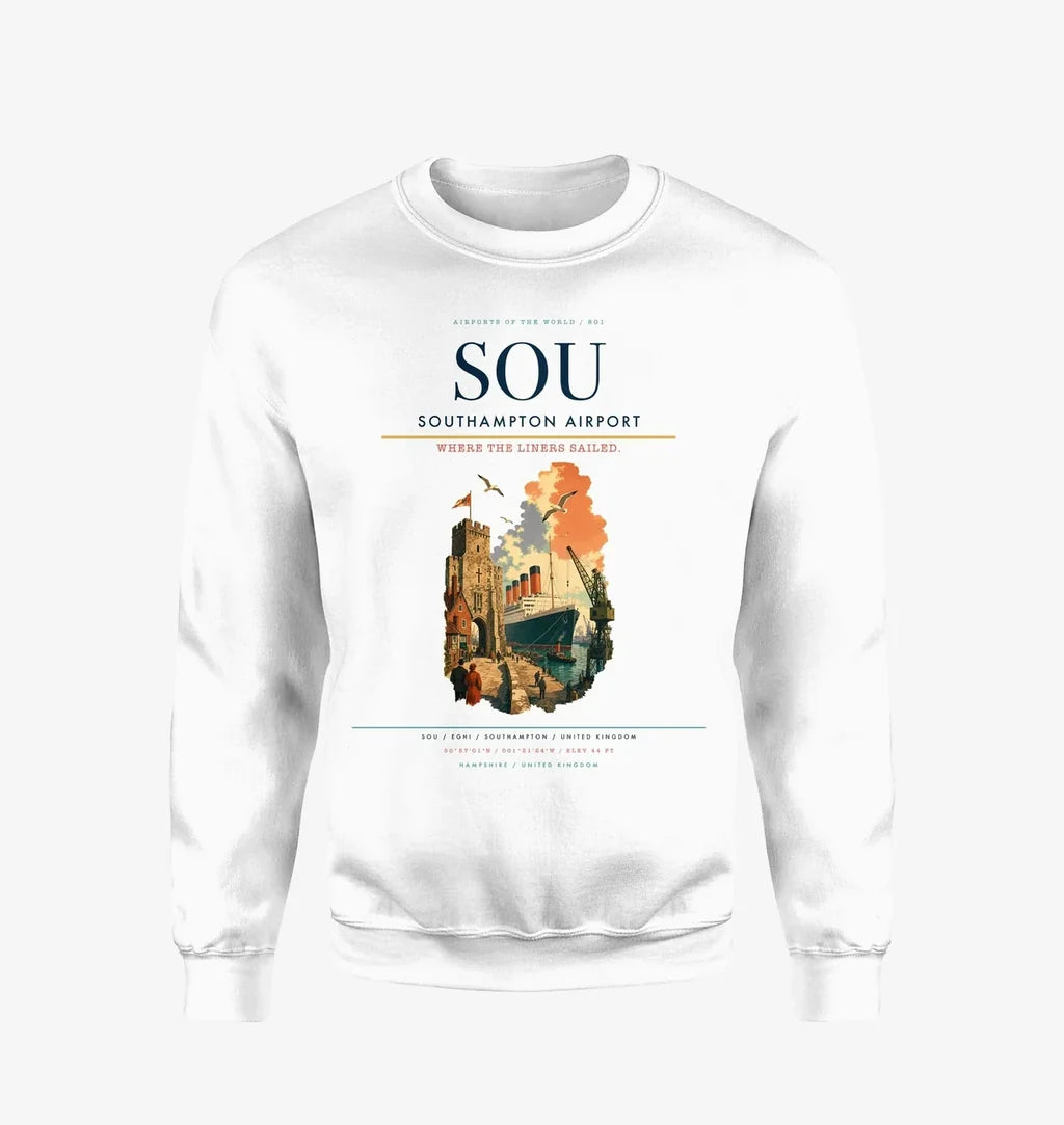 Southampton Airport (SOU) design on white sweatshirt