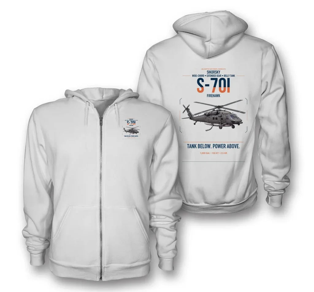 Sikorsky S-70i FIREHAWK design on white premium zipped hoodie, double-side print